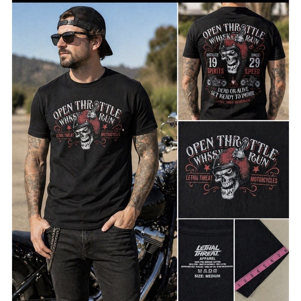 Lethal Threat Motorcycles T Shirt Mens Medium Black Skull Whiskey Run Biker